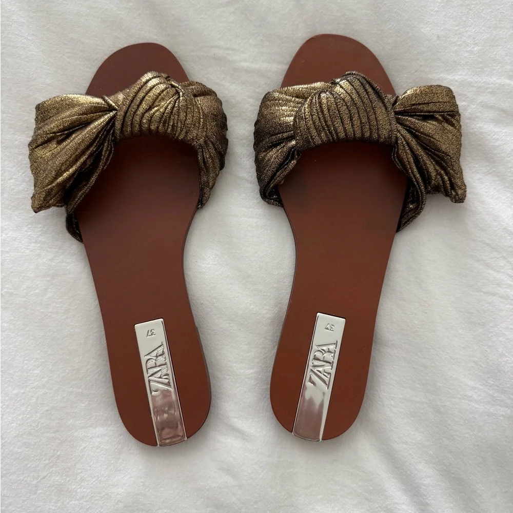 Zara Gold Bow Slide Sandals - Picture 1 of 2